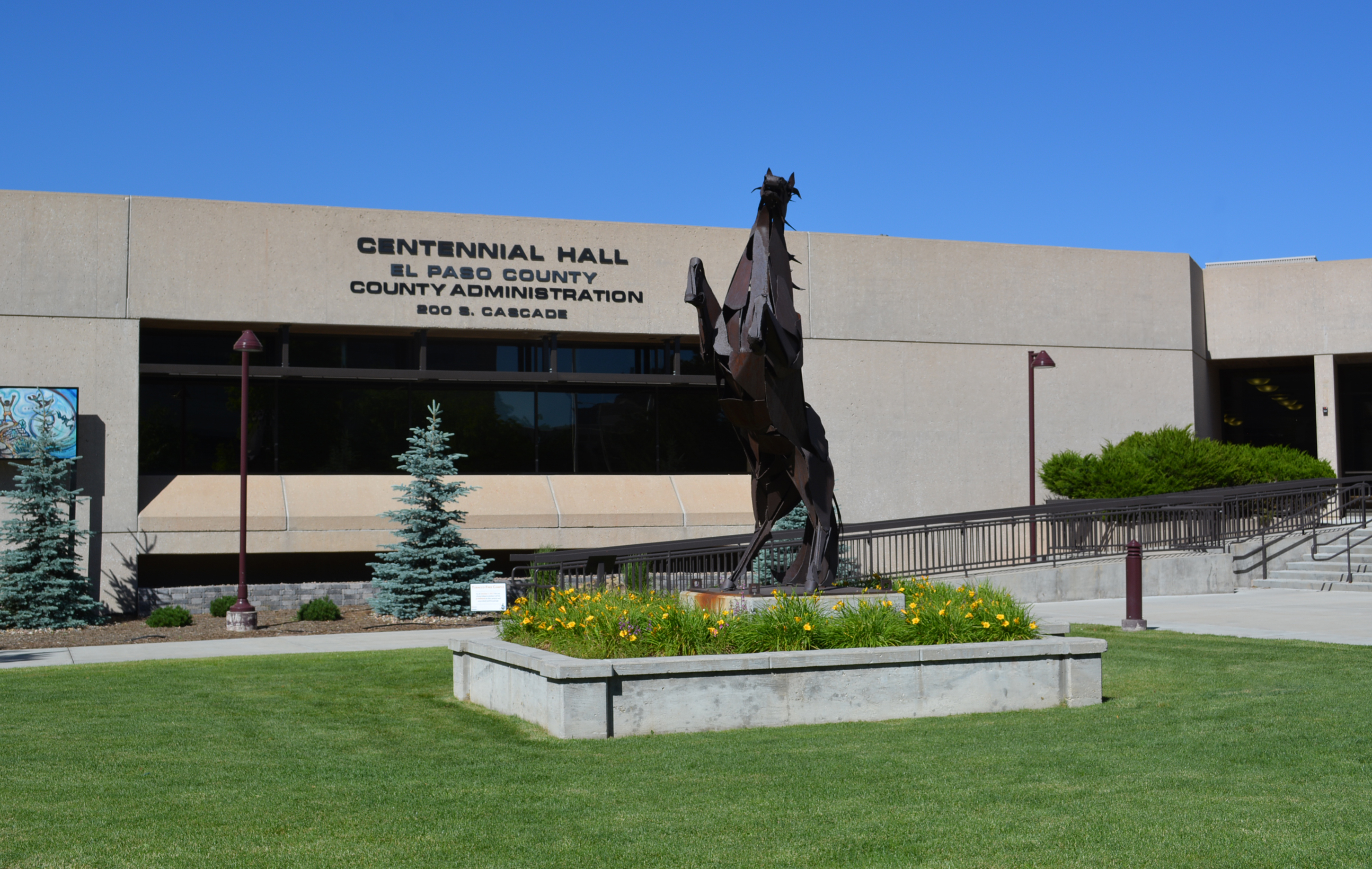 Centennial Hall exterior w horse June 2017 Centennial Hall with Rearing Horse June 2017