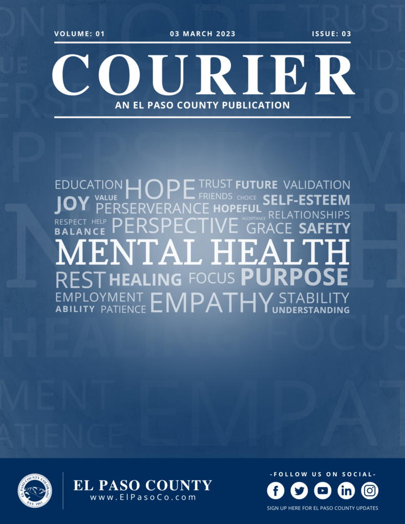 Image of the front cover of The Courier Newsletter for March 2023. Blue background, white text: "COURIER" with words in a word cloud: "Education, hope, trust, friends, future, validation, joy,value, pererverance, hopeful, perspective, grace, safety, rest, mental health"