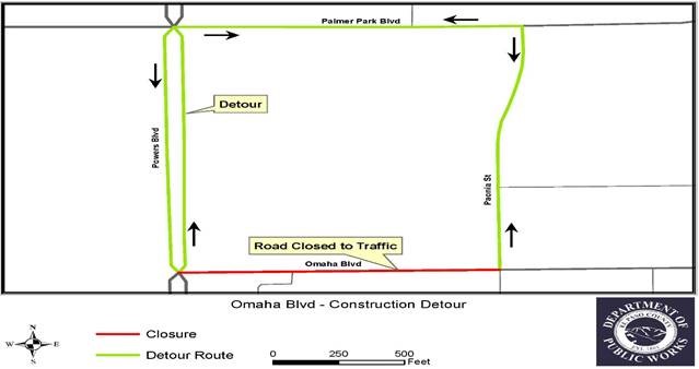 The image is of a map showing the detours for Omaha Blvd. Drivers should take Palmer Park as an alternate route.