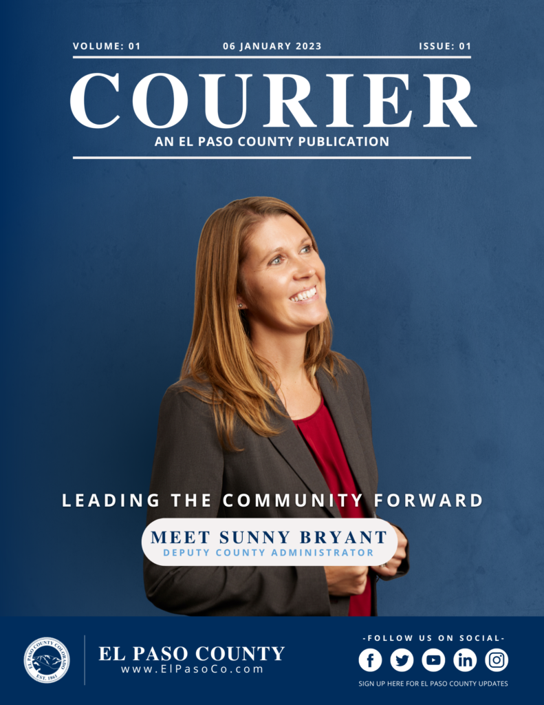 Image of the front cover of The Courier Newsletter. Blue background, white text: "COURIER" with a picture of Sunny Bryant.