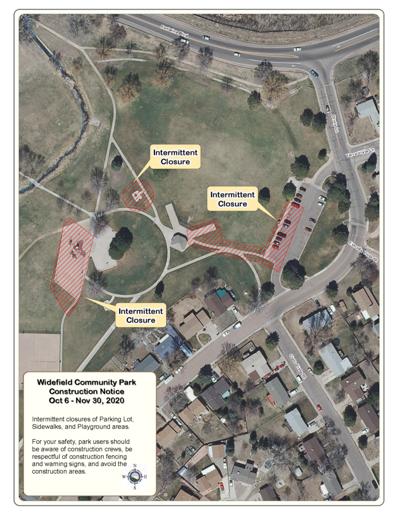 The image is a map of Widefield Park showing areas where intermittent closures will take place including some sidewalks, park areas and playgrounds.